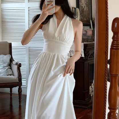 xsrrr White Elegant Halter Dress Women Sexy Backless Korean Party Midi Dress Female Sleeveless V-neck Vintage Dresses for Women