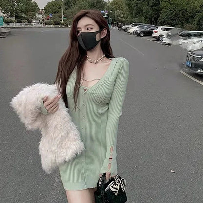 xsrrr Autumn Sexy Knitted Dress Women Long Sleeve Fairy Korean Slim Bodycon Dress Female Casual Club High Street Party Mini Dress