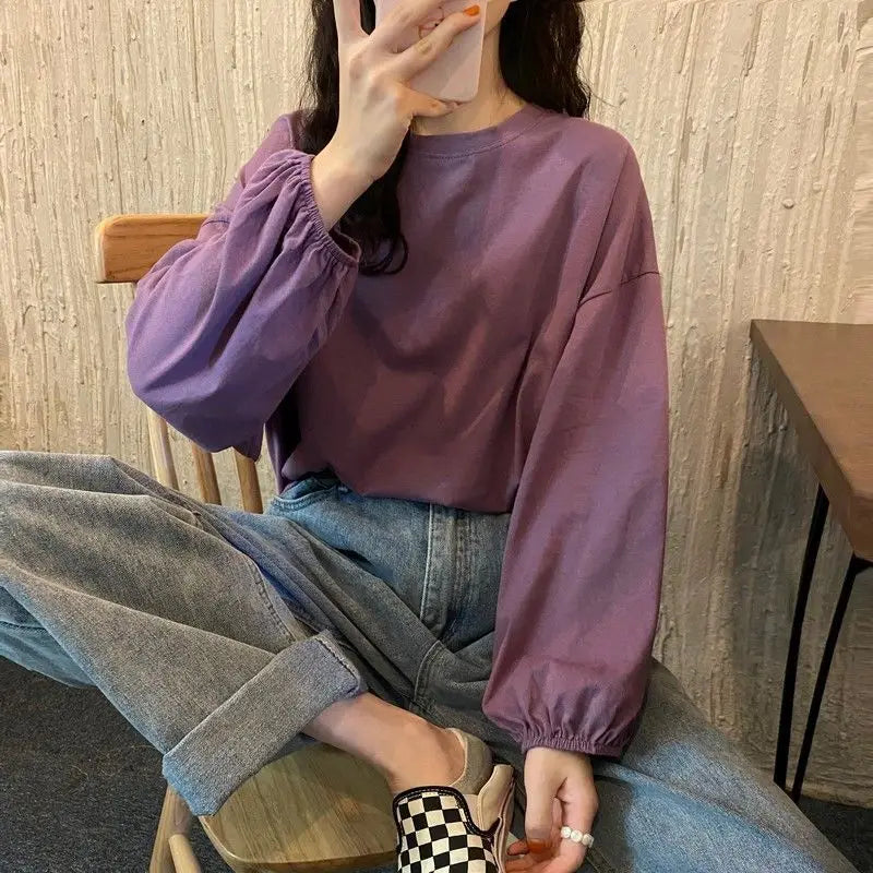 Hnewly Pure Cotton Tops Autumn Korean Lantern Puff Sleeve T-shirt Aesthetic Women's T Shirts Winter Woman Tshirts Clothing Long