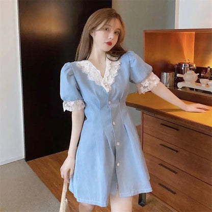 xsrrr DRESS TO IMPRESS Japanese Sweet Mini Dress Women Patchwork Design Lace V-neck Party Dress Female Puff Sleeve Summer Office Lady Kawaii Dress 2024