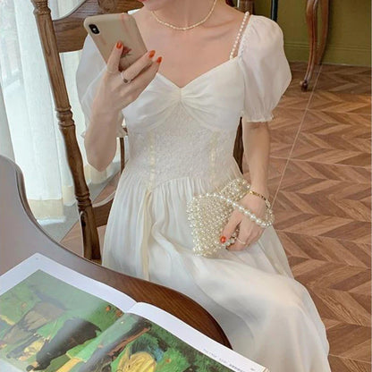 xsrrr DRESS TO IMPRESS Elegant V-neck White Dress Women Puff Sleeve Lace Party Midi Dress Femme Korean One-piece Dress Summer Women's Clothing 2024 New