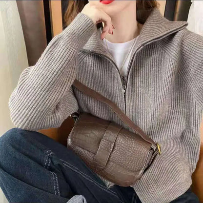 xsrrr Sweater Cardigan Women Spring New Solid Vintage All-match Elegant Zipper Loose Daily Soft Sweet Simple Casual Knitwear Chic Teen