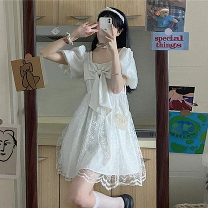 xsrrr DRESS TO IMPRESS Japanese Kawaii Fairy Dress Women Bow Patchwork Designer Sweet Lolita Dress Summer Elegant Evening Party One Piece Dress Korean