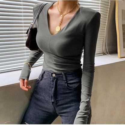 xsrrr Casual Cotton V Neck Long Sleeve T-shirt Women Spring Autumn Fashion Shoulder Pad Slim Fit Female Tops Ladies Basic Elastic Tees