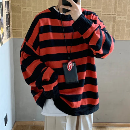 Winter Knitted Sweater Men Striped Sweaters O-Neck Pullover Male Harajuku Oversized Sweaters Women Couple Hip Hop Jumper