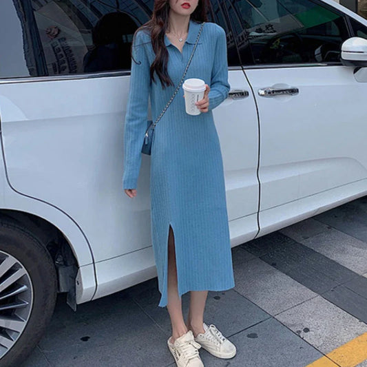 xsrrr DRESS TO IMPRESS Elegant Split Knitted Dress Women Long Sleeve Fairy Office Lady Korean Party Dress Autumn Casual Evening One-piece Dress