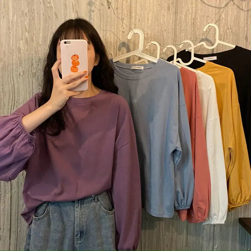 Hnewly Pure Cotton Tops Autumn Korean Lantern Puff Sleeve T-shirt Aesthetic Women's T Shirts Winter Woman Tshirts Clothing Long