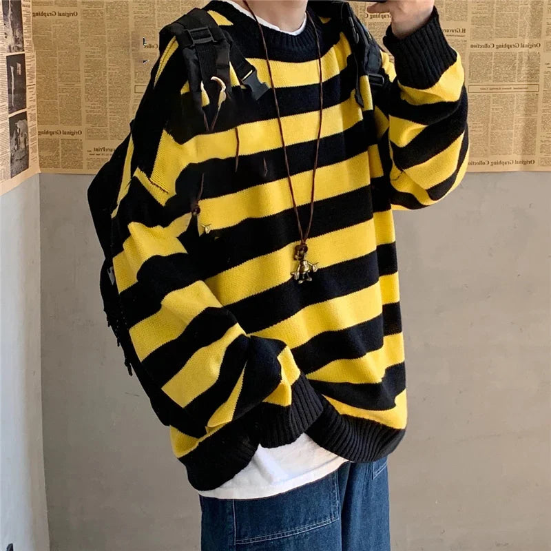 Winter Knitted Sweater Men Striped Sweaters O-Neck Pullover Male Harajuku Oversized Sweaters Women Couple Hip Hop Jumper