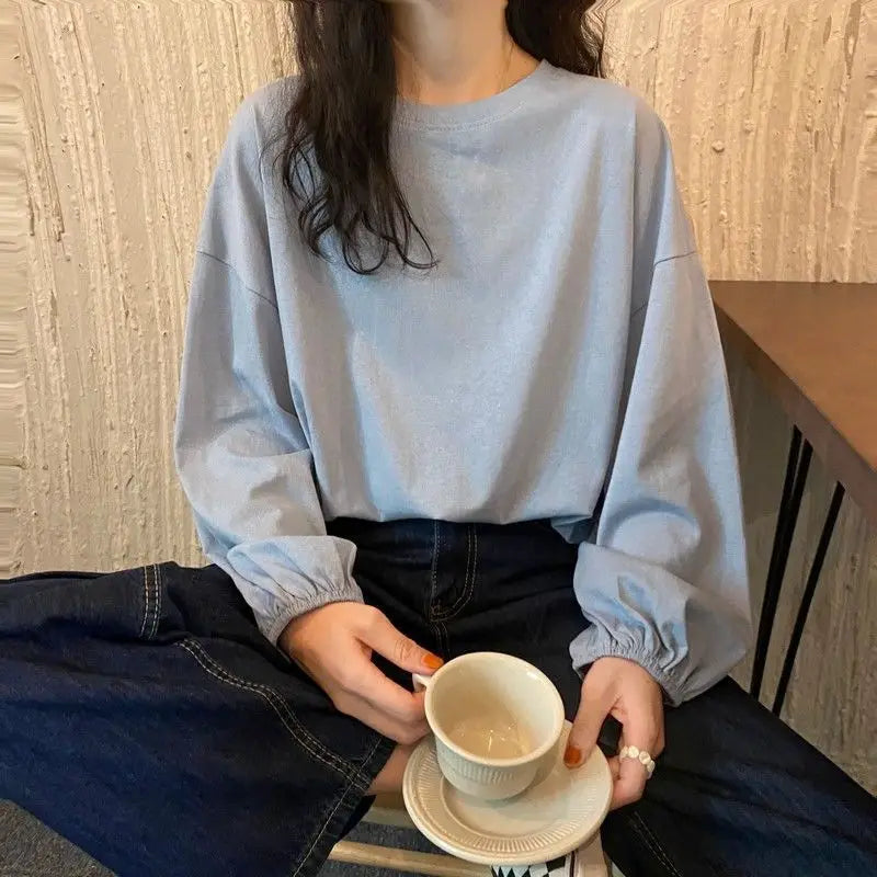 Hnewly Pure Cotton Tops Autumn Korean Lantern Puff Sleeve T-shirt Aesthetic Women's T Shirts Winter Woman Tshirts Clothing Long