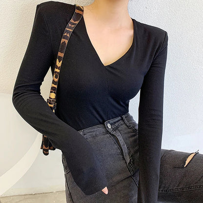 xsrrr Casual Cotton V Neck Long Sleeve T-shirt Women Spring Autumn Fashion Shoulder Pad Slim Fit Female Tops Ladies Basic Elastic Tees