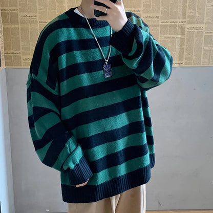 Winter Knitted Sweater Men Striped Sweaters O-Neck Pullover Male Harajuku Oversized Sweaters Women Couple Hip Hop Jumper