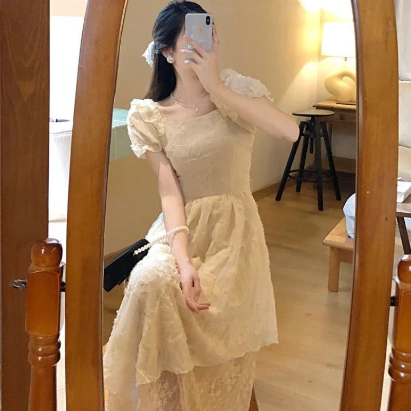 xsrrr French Vintage Kawaii Dress Women Elegant Designer Backless Korean Style Dress Female Casual Party Fairy Midi Dress Summer