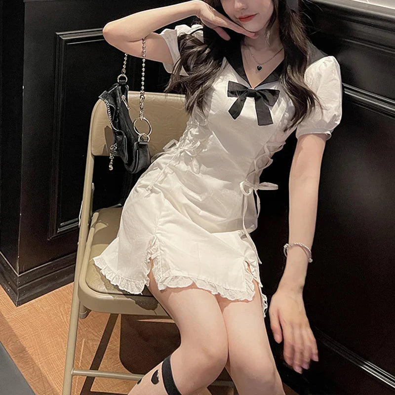 xsrrr Japanese Kawaii Fairy White Dresses for Women Summer Ruffles Party Mini Lolita Dresses Puff Sleeve Lace Split Bodycon Dress