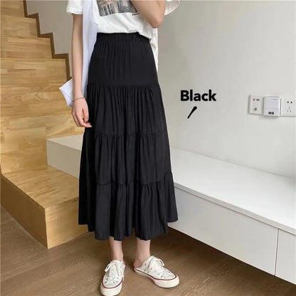 xsrrr Spring Summer Women Chiffon Skirts Vintage High Waist Elastic Patchwork White Black Chic Long Cake A-line Skirt for Student