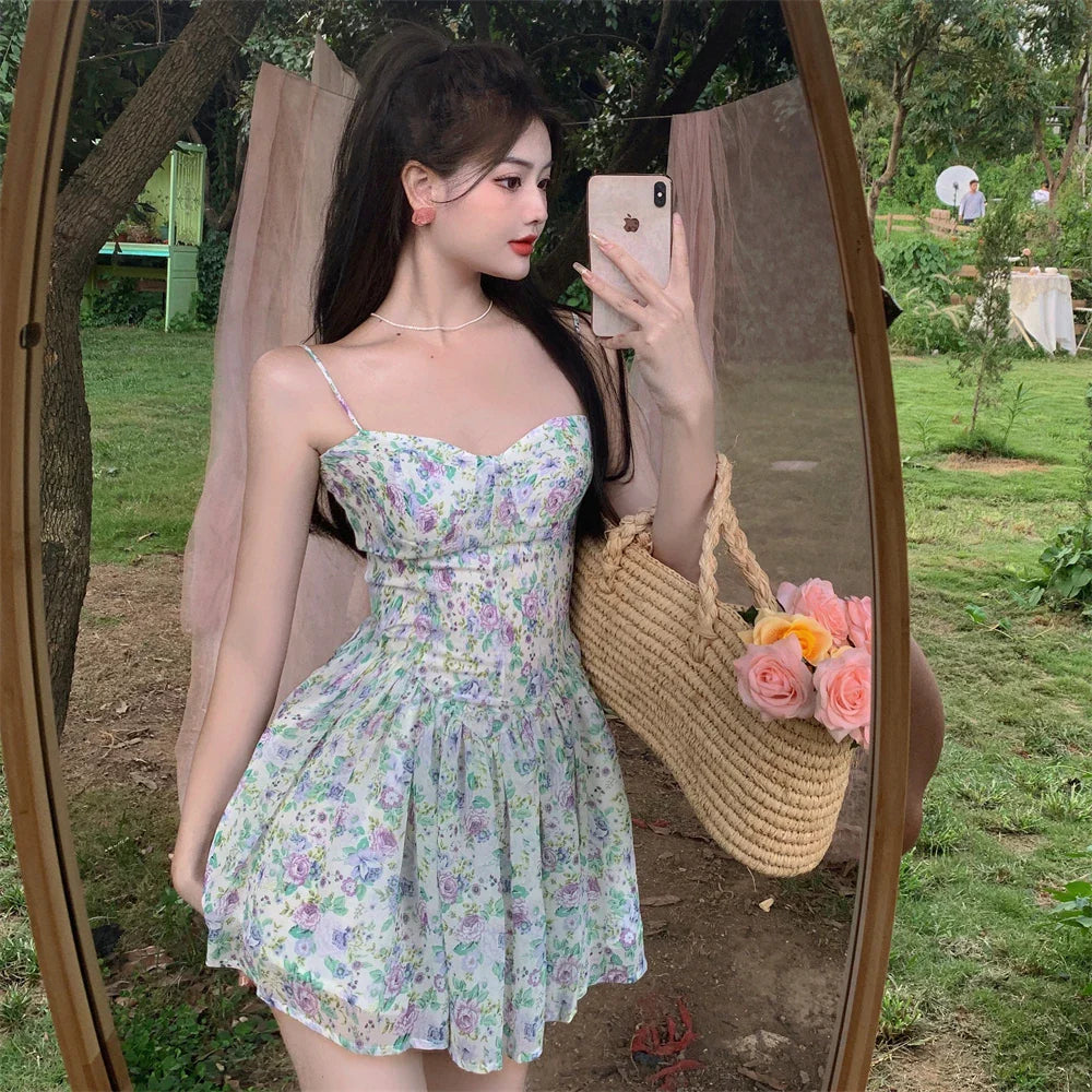 xsrrr DRESS TO IMPRESS Sexy Strap Floral Dress Women Designer Korean Elegant Sweet Mini Dress Sleeveless Chiffon Slim Fairy Party Dress Summer New