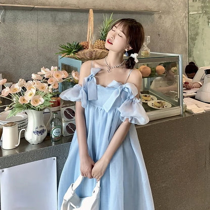 xsrrr DRESS TO IMPRESS Summer Vintage Yellow Strap Dress Women Sweet Off Shoulder Ruffle Fairy Dress Female Elegant Evening Party Ladies Dress New