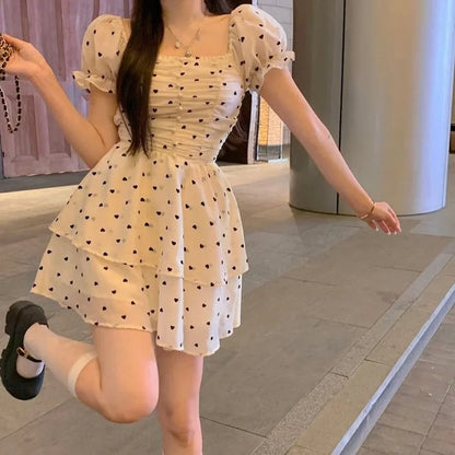 xsrrr Elegant Sweet French Fairy Dress Women Summer Puff Sleeve Slim Mini Love Dot Dress Female Korean High Waist Party Princess Dress