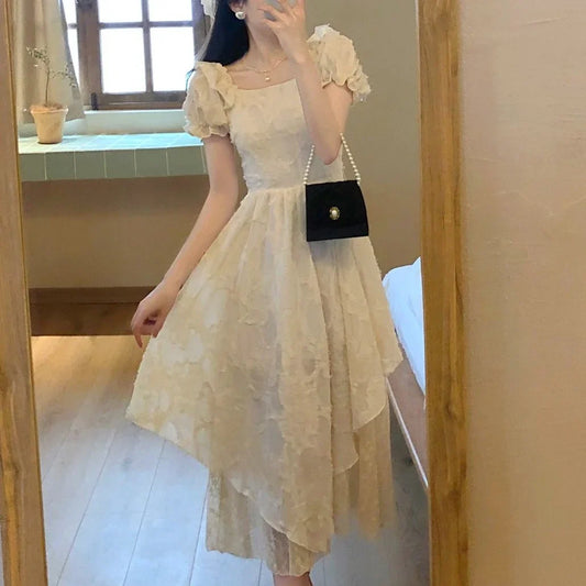 xsrrr French Vintage Kawaii Dress Women Elegant Designer Backless Korean Style Dress Female Casual Party Fairy Midi Dress Summer