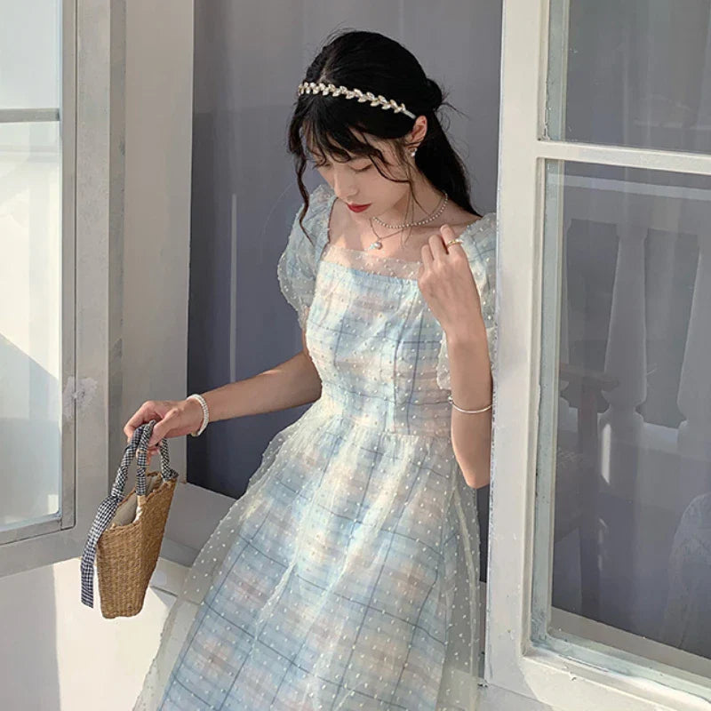 xsrrr DRESS TO IMPRESS Elegant Fairy Long Dress Women Sweet Mesh Designer Print Vintage Dress Summer Korean Chiffon Evening Party Dresses Wedding