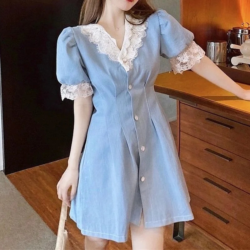 xsrrr DRESS TO IMPRESS Japanese Sweet Mini Dress Women Patchwork Design Lace V-neck Party Dress Female Puff Sleeve Summer Office Lady Kawaii Dress 2024