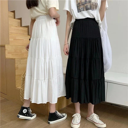 xsrrr Spring Summer Women Chiffon Skirts Vintage High Waist Elastic Patchwork White Black Chic Long Cake A-line Skirt for Student