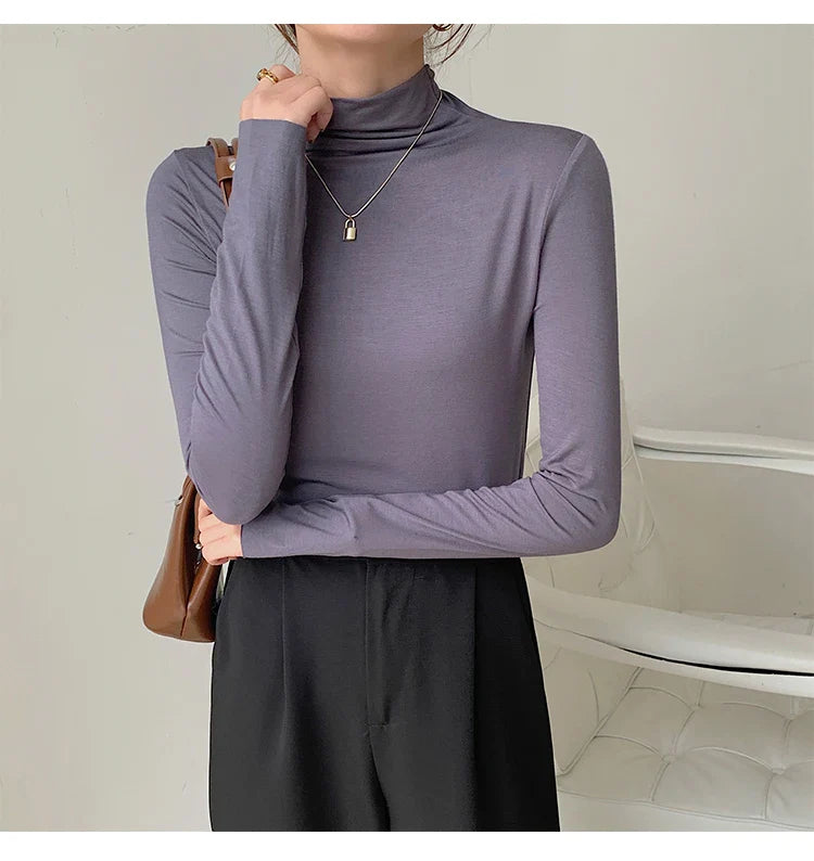 xsrrr High Collar Modal Autumn Winter Women Base Shirt Casual Solid Long Sleeve Slim Stretch T-shirt Ladies Fashion Tops