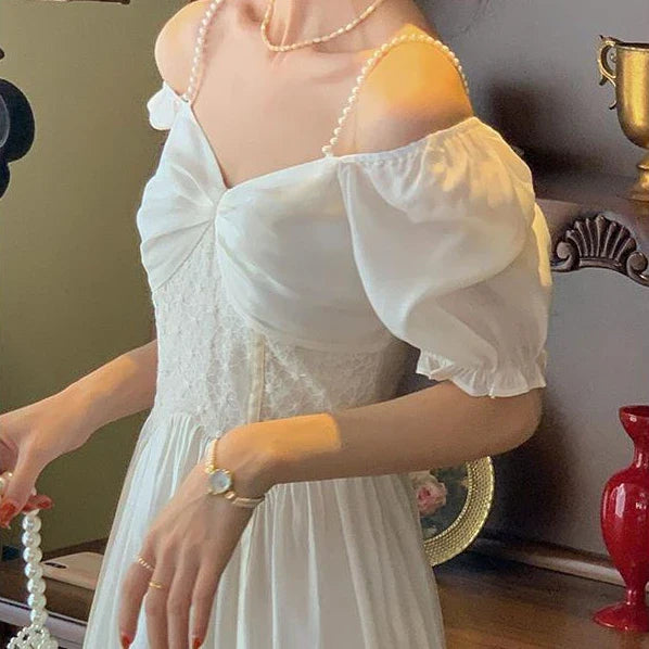 xsrrr DRESS TO IMPRESS Elegant V-neck White Dress Women Puff Sleeve Lace Party Midi Dress Femme Korean One-piece Dress Summer Women's Clothing 2024 New