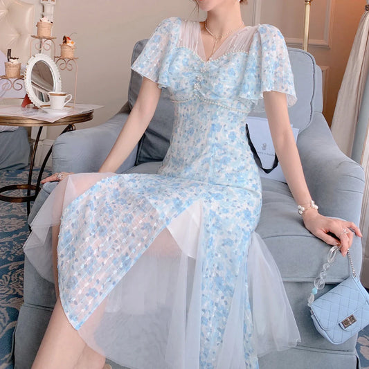 xsrrr DRESS TO IMPRESS Vintage Chiffon Fairy Dress Women Elegant Floral Print Split Victorian Dress Summer Holiday Korean Long Party Dress Wedding