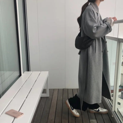 xsrrr Winter Korean Handmade Double Breasted Long 100% Wool Coat Women Casual Loose Lacing Belt Woolen Overcoat Oversized