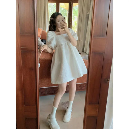 xsrrr White Puff Sleeve Princess Dress Women French Court Mini Party Sweet Dress Summer Casual Korean Wedding Evening Y2k Dress