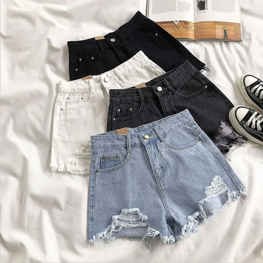 xsrrr Casual High Waist Denim Shorts Women Summer Pocket Tassel Hole Ripped jeans Short Female Femme Short Pants Women