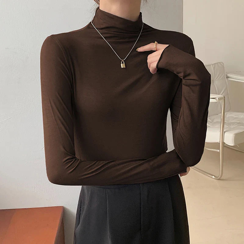 xsrrr High Collar Modal Autumn Winter Women Base Shirt Casual Solid Long Sleeve Slim Stretch T-shirt Ladies Fashion Tops