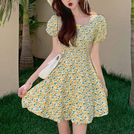 xsrrr Summer Vintage Floral Dress Women French Party Sweet Elegant Beach Casual Dress Korean Chic Princess Kawaii Holiday Dress DRESS TO IMPRESS