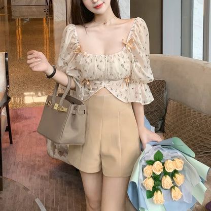 xsrrr Puff Sleeve Floral Chiffon Blouses Women Summer Short Korean Design Fairy Shirts Tops Casual Chic Evening Party Y2k Clothes