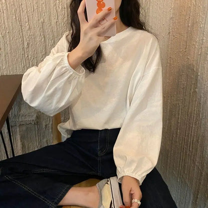 Hnewly Pure Cotton Tops Autumn Korean Lantern Puff Sleeve T-shirt Aesthetic Women's T Shirts Winter Woman Tshirts Clothing Long