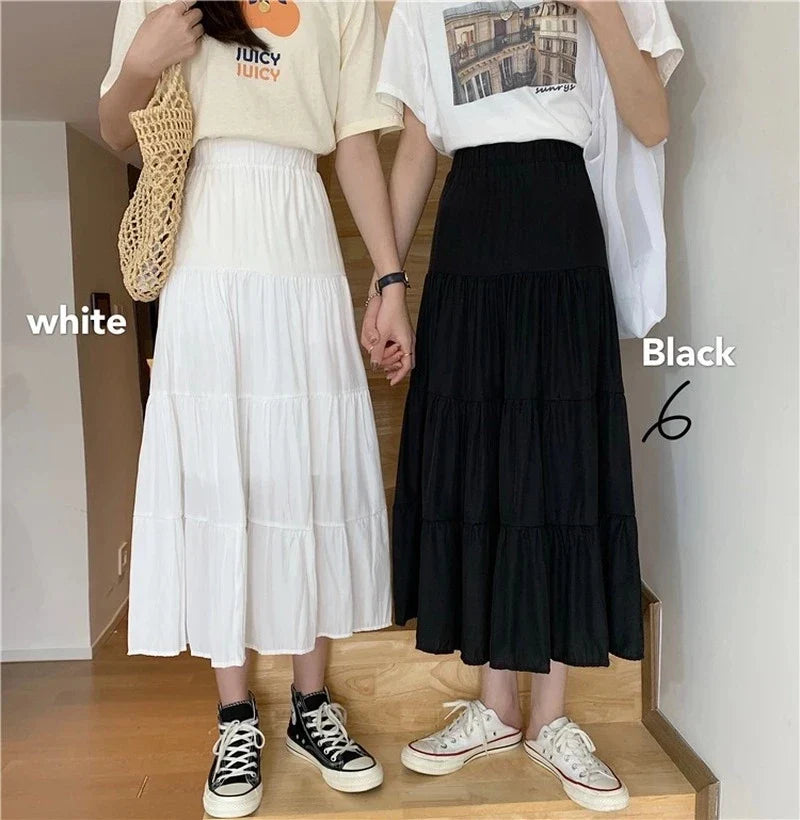 xsrrr Spring Summer Women Chiffon Skirts Vintage High Waist Elastic Patchwork White Black Chic Long Cake A-line Skirt for Student