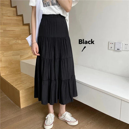 xsrrr Spring Summer Women Chiffon Skirts Vintage High Waist Elastic Patchwork White Black Chic Long Cake A-line Skirt for Student