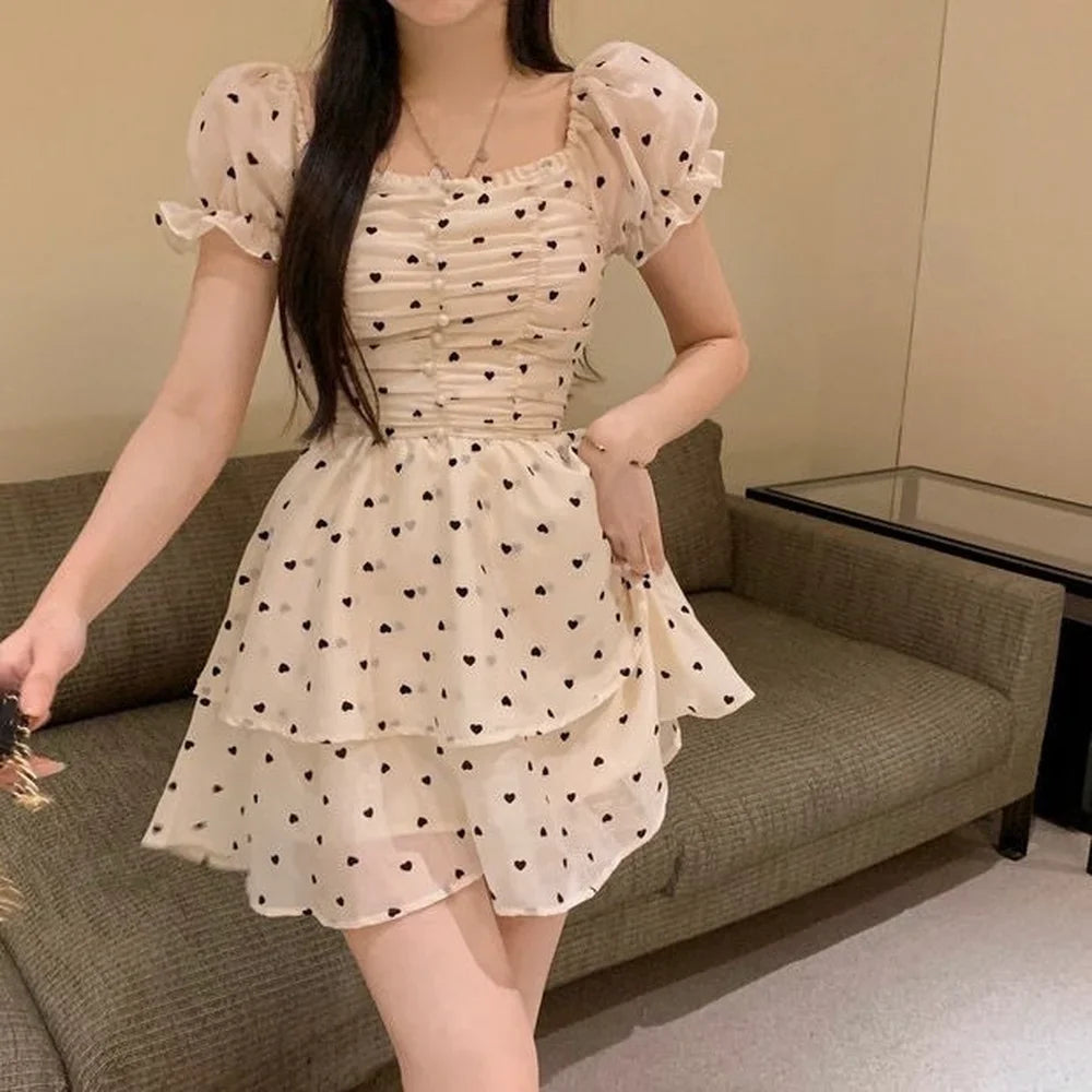 xsrrr Elegant Sweet French Fairy Dress Women Summer Puff Sleeve Slim Mini Love Dot Dress Female Korean High Waist Party Princess Dress