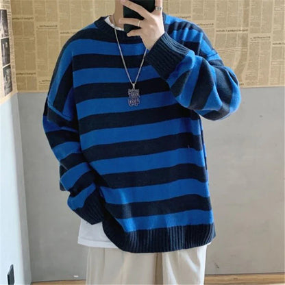 Winter Knitted Sweater Men Striped Sweaters O-Neck Pullover Male Harajuku Oversized Sweaters Women Couple Hip Hop Jumper