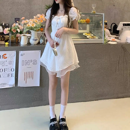 xsrrr DRESS TO IMPRESS Elegant Korean White Dress Women Hollow Out Evening Bandage Sexy Sweet Mini Dress Summer Designer Casual Pretty Party Dress