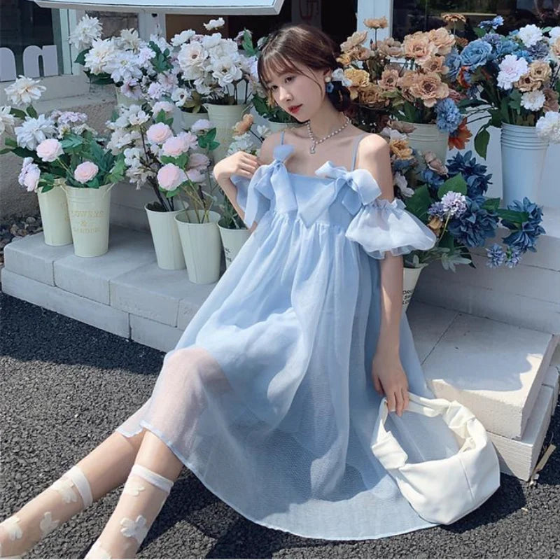 xsrrr DRESS TO IMPRESS Summer Vintage Yellow Strap Dress Women Sweet Off Shoulder Ruffle Fairy Dress Female Elegant Evening Party Ladies Dress New