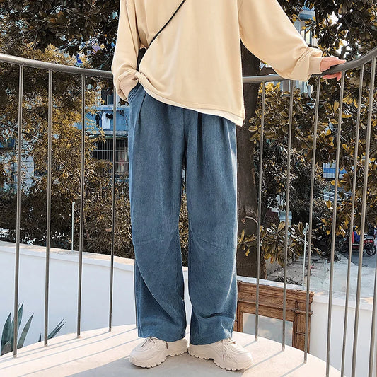 Men's Corduroy Solid Color Casual Pants Retro Loose Wide Legs Pants Streetwear Hip Hop Trousers Fashion Oversized Sweatpants