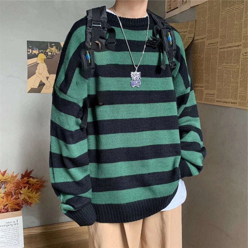 Winter Knitted Sweater Men Striped Sweaters O-Neck Pullover Male Harajuku Oversized Sweaters Women Couple Hip Hop Jumper