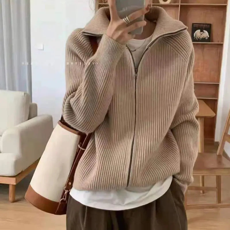 xsrrr Sweater Cardigan Women Spring New Solid Vintage All-match Elegant Zipper Loose Daily Soft Sweet Simple Casual Knitwear Chic Teen