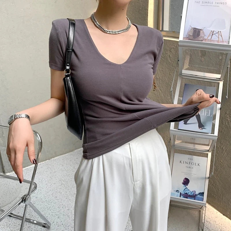 xsrrr Casual Cotton V Neck Short Sleeve T-shirt Women Fashion Shoulder Pad Solid Color Summer Slim Tees Ladies Basic Elastic Tops