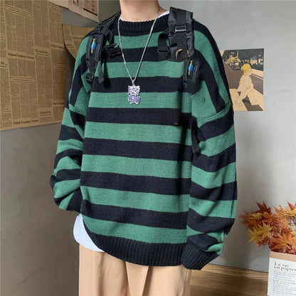 Winter Knitted Sweater Men Striped Sweaters O-Neck Pullover Male Harajuku Oversized Sweaters Women Couple Hip Hop Jumper