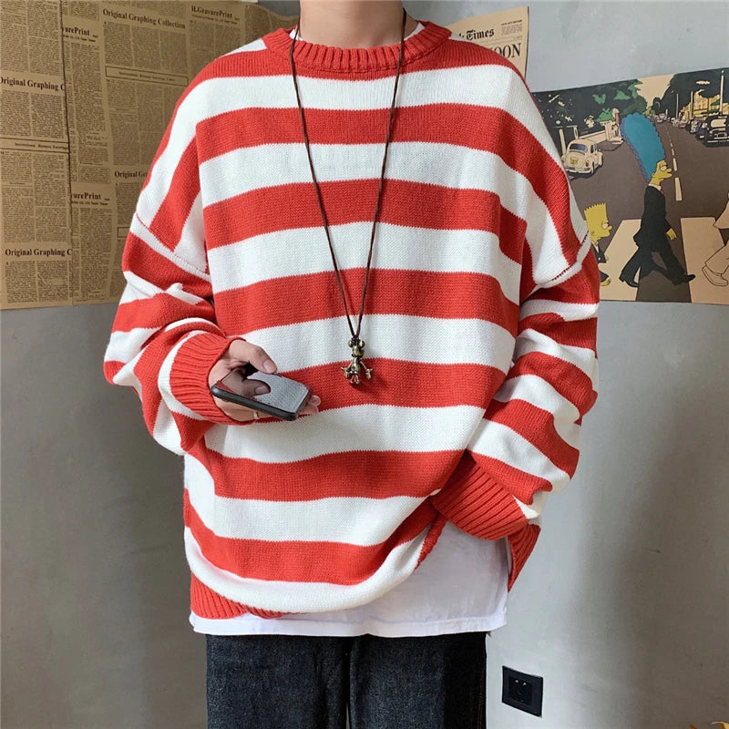 Winter Knitted Sweater Men Striped Sweaters O-Neck Pullover Male Harajuku Oversized Sweaters Women Couple Hip Hop Jumper