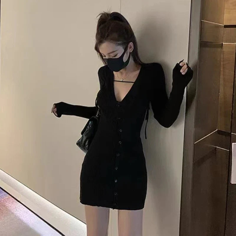 xsrrr Autumn Sexy Knitted Dress Women Long Sleeve Fairy Korean Slim Bodycon Dress Female Casual Club High Street Party Mini Dress