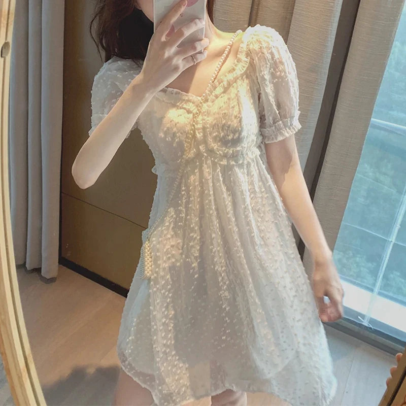 xsrrr DRESS TO IMPRESS Summer Chiffon Lace Fairy Dress Women Backless Design Puff Sleeve Party Mini Dress Female Patchwork Korean One-piece Dress