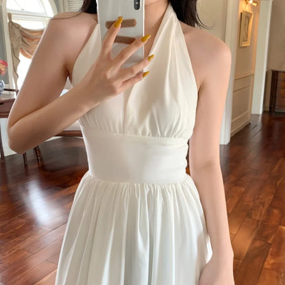 xsrrr White Elegant Halter Dress Women Sexy Backless Korean Party Midi Dress Female Sleeveless V-neck Vintage Dresses for Women